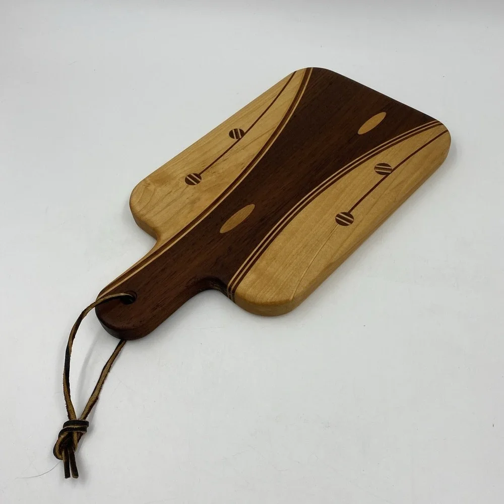 Handmade Wood Charcuterie Board Walnut Cherry Maple Small Round Inlay Cabin 6x9